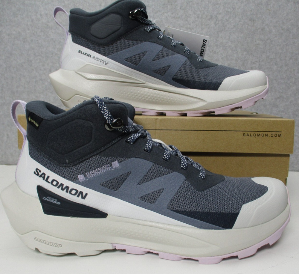 Salomon Elixir Activ Mid Waterproof Hiking Boots Shoes Womens Sz 8 Gray White
